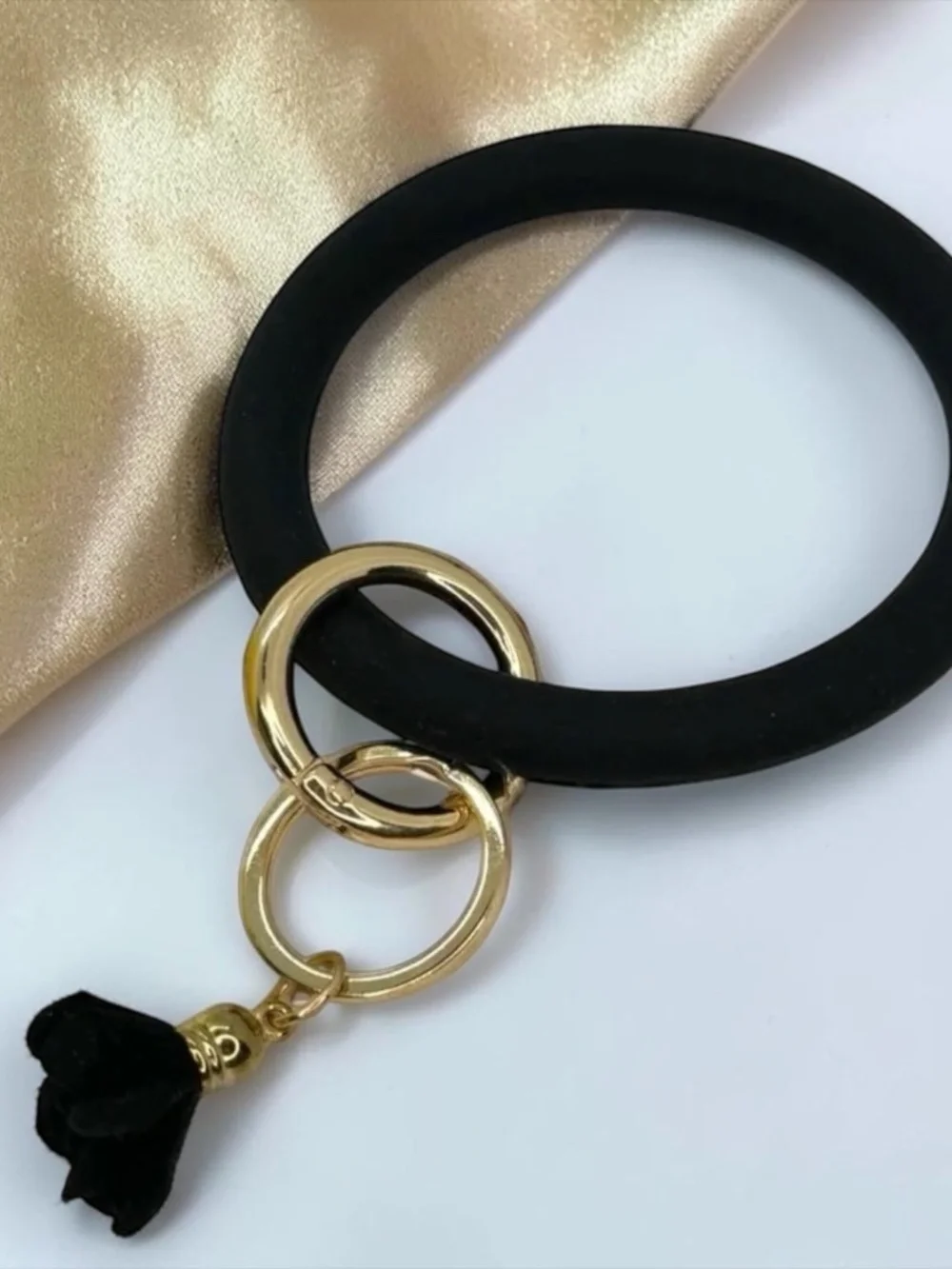 Black Silicone Bangle Keychain Bracelet Gold Tassel Wristlet NEW
